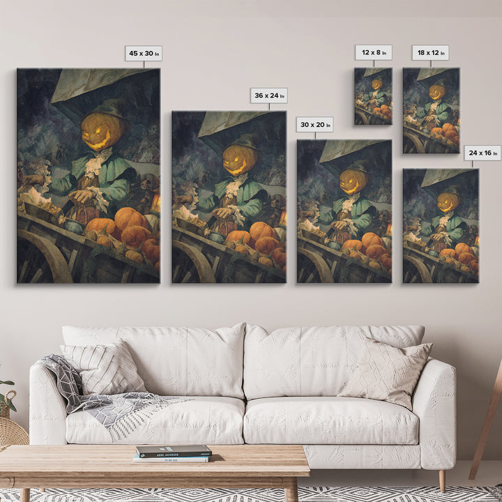 The Pumpkin-Headed Tea Merchant, Dark Symbolist Art, Vertical Wall Art, Dark Halloween Decor, Canvas Print, Halloween Wall Art
