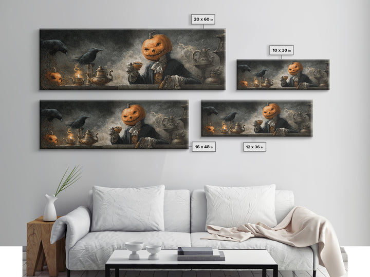The Pumpkin-Headed Tea Merchant, Expressionist Nightmare Art, Extra Wide Wall Art, Gothic Horror Wall Art, Canvas Print, Halloween Wall Art