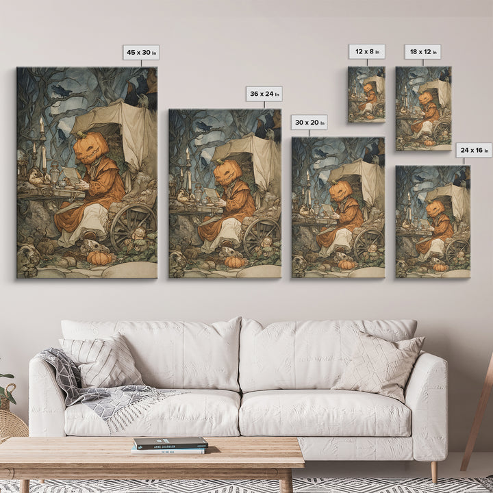 The Pumpkin-Headed Tea Merchant, Gothic Storybook Art, Vertical Wall Art, Dark Fantasy Wall Art, Framed Canvas Print