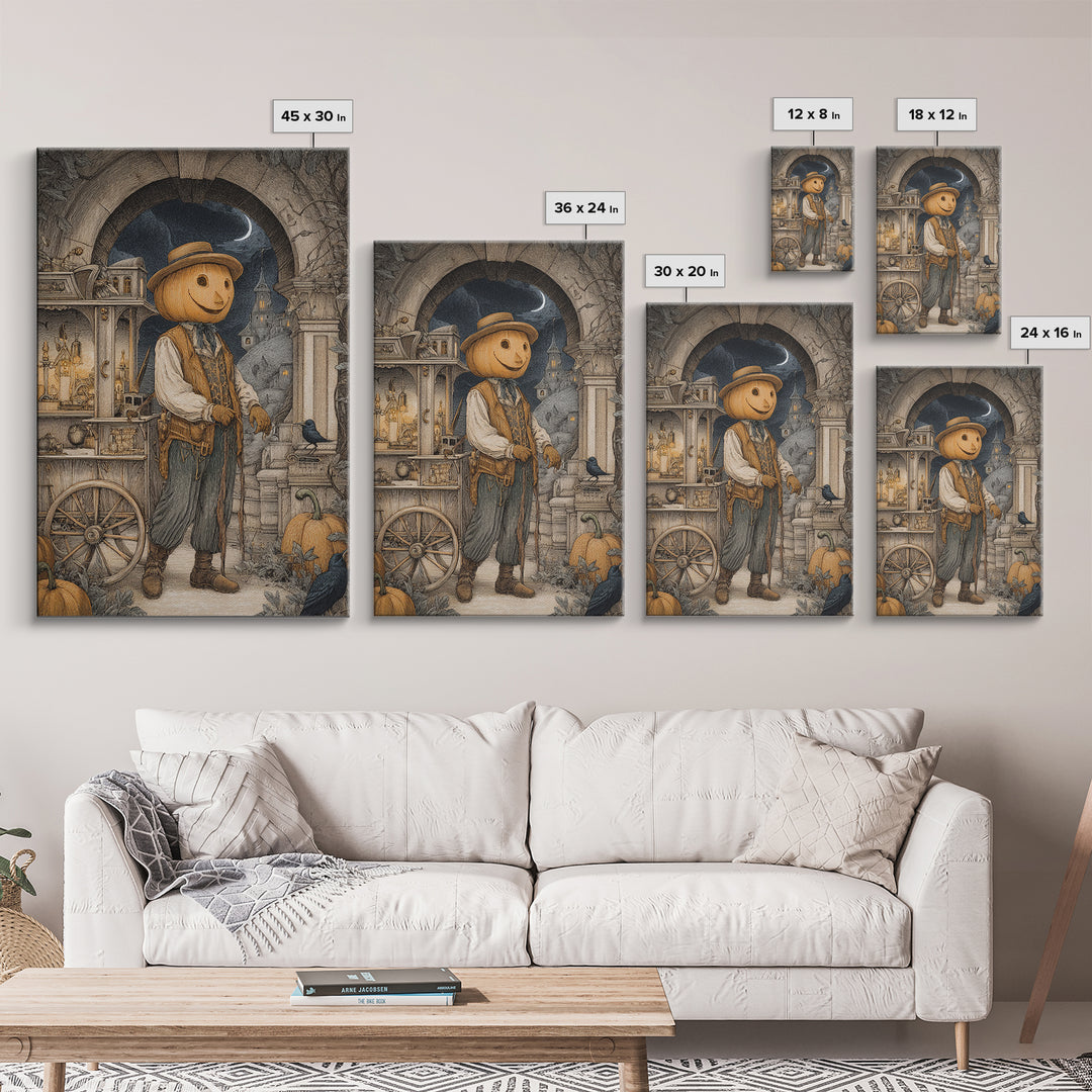 The Pumpkin-Headed Tea Merchant, Victorian Macabre Art, Vertical Wall Art, Macabre Wall Art, Framed Canvas Print, Halloween Wall Art