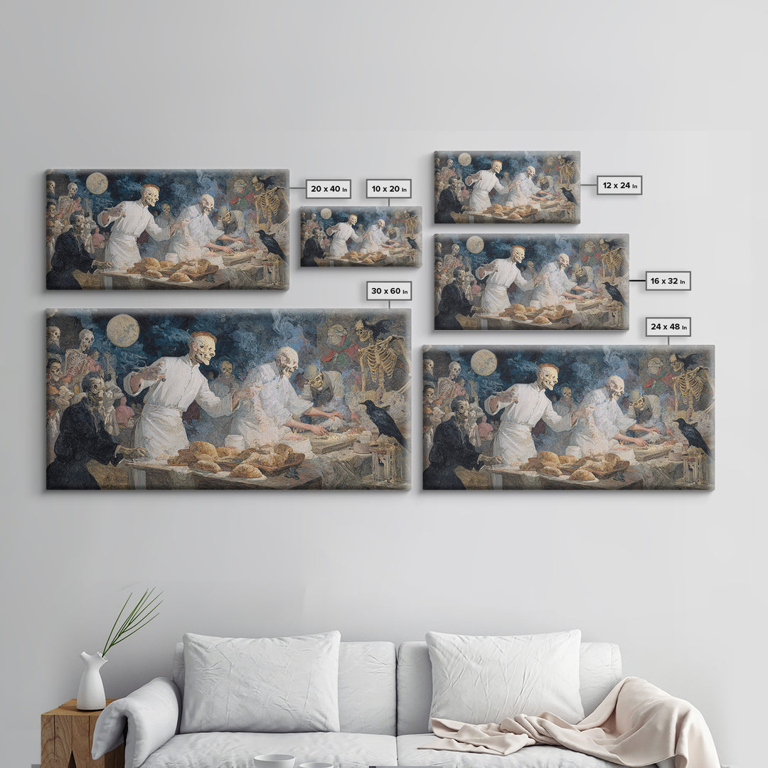 The Ghost Bakery, Grotesque Carnival Art, Wide Panoramic Art, Dark Fantasy Wall Art, Framed Canvas Print, Halloween Wall Art