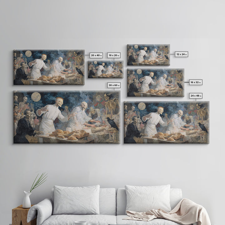 The Ghost Bakery, Grotesque Carnival Art, Wide Panoramic Art, Dark Fantasy Wall Art, Framed Canvas Print, Halloween Wall Art