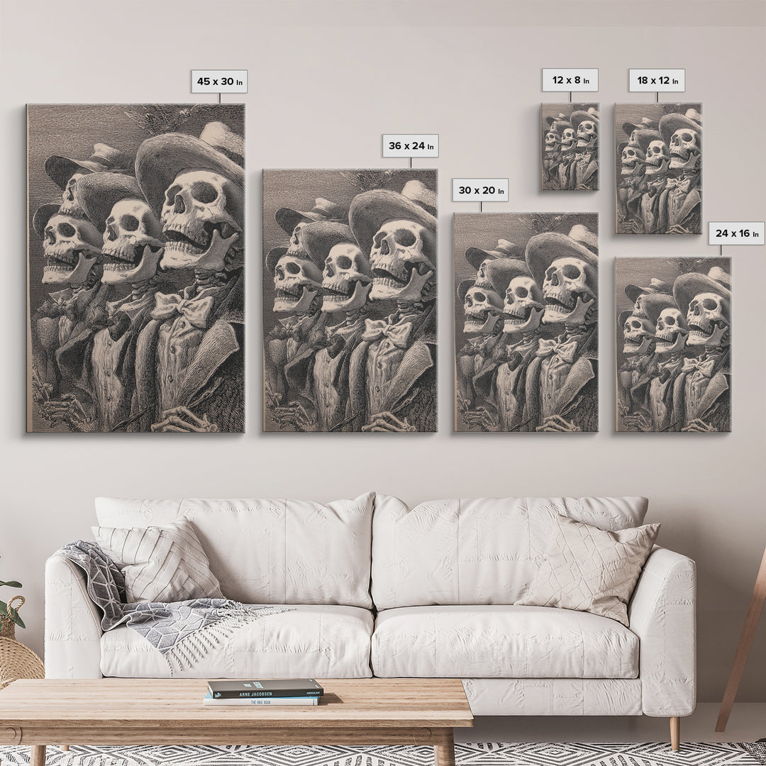 The Skeleton Barbershop Quartet, Renaissance Engraving Art, Vertical Wall Art, Gothic Horror Wall Art, Framed Canvas Print