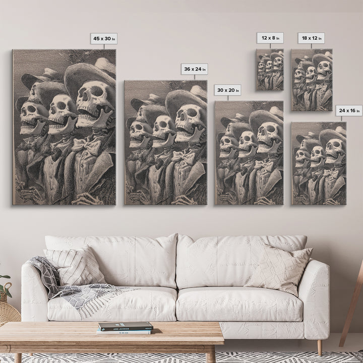 The Skeleton Barbershop Quartet, Renaissance Engraving Art, Vertical Wall Art, Gothic Horror Wall Art, Framed Canvas Print