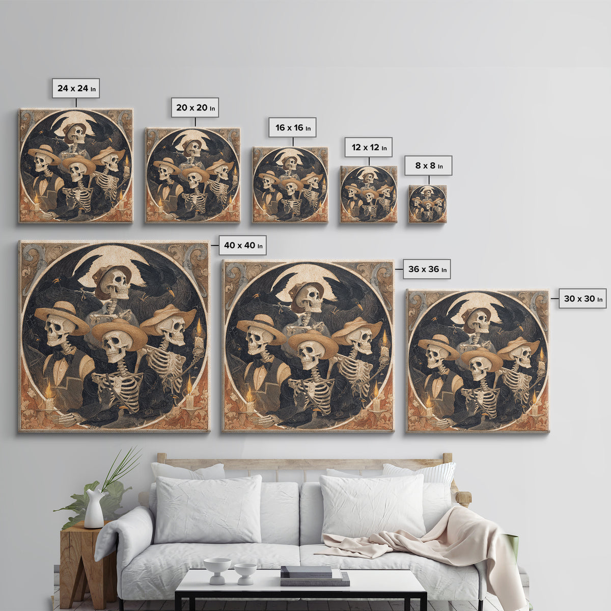 The Skeleton Barbershop Quartet, Danse Macabre Art, Square Wall Art, Macabre Wall Art, Canvas Print, Halloween Wall Art