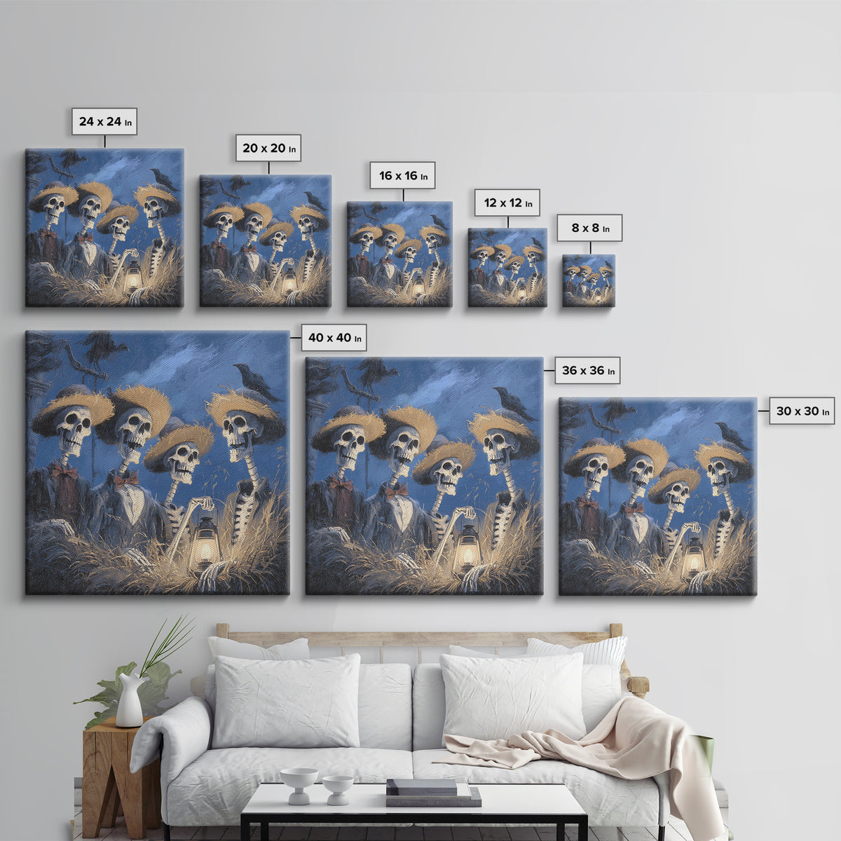 The Skeleton Barbershop Quartet, Baroque Witchcraft Art, Square Wall Art, Macabre Wall Art, Framed Canvas Print, Halloween Wall Art