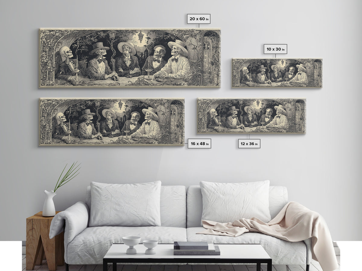 The Skeleton Barbershop Quartet, Symbolist Etching Art, Extra Wide Wall Art, Macabre Wall Art, Canvas Print, Halloween Wall Art
