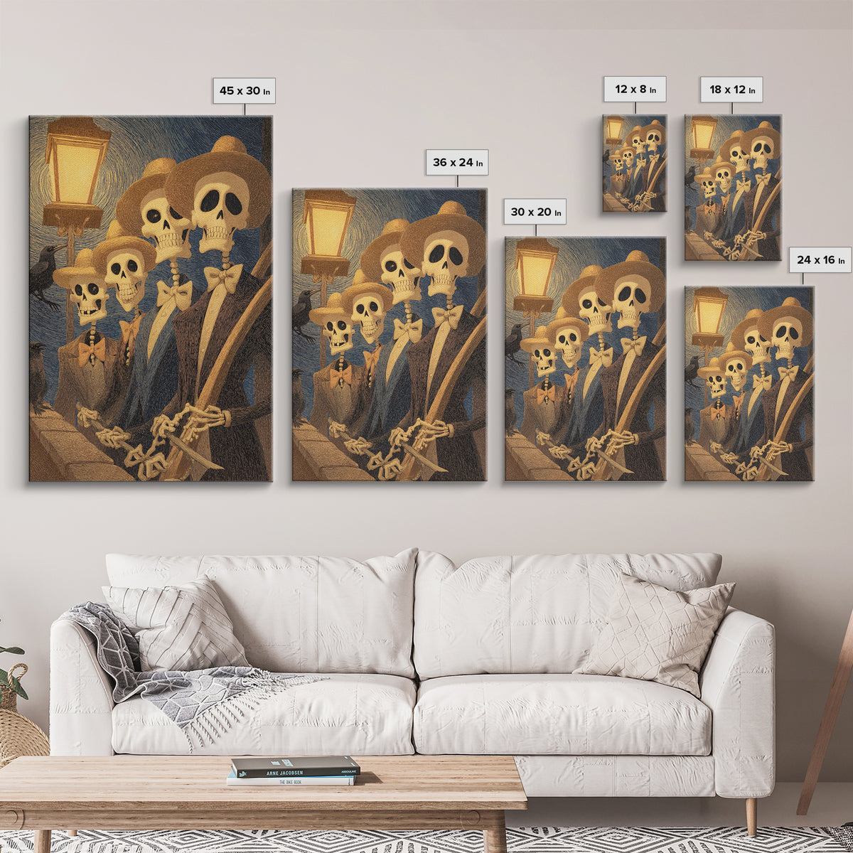 The Skeleton Barbershop Quartet, Expressionist Gothic Art, Vertical Wall Art, Dark Halloween Decor, Framed Canvas Print, Halloween Wall Art