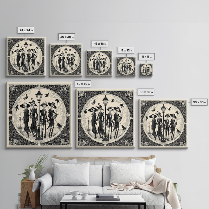The Skeleton Barbershop Quartet, Decadent Line Art, Square Wall Art, Dark Halloween Decor, Framed Canvas Print