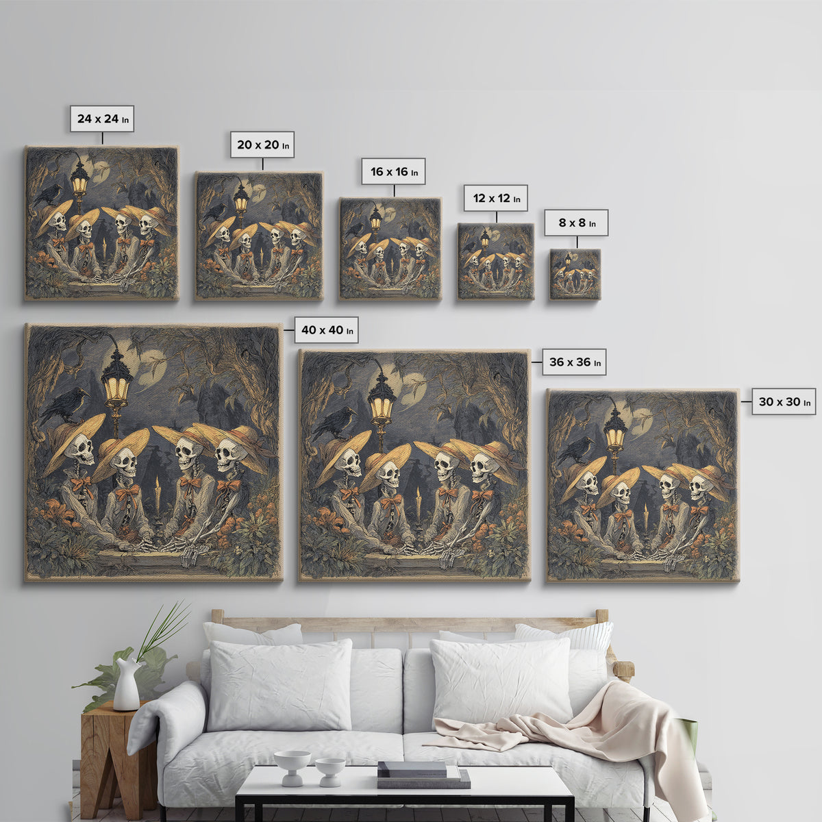 The Skeleton Barbershop Quartet, Gothic Storybook Art, Square Wall Art, Dark Halloween Decor, Framed Canvas Print, Halloween Wall Art
