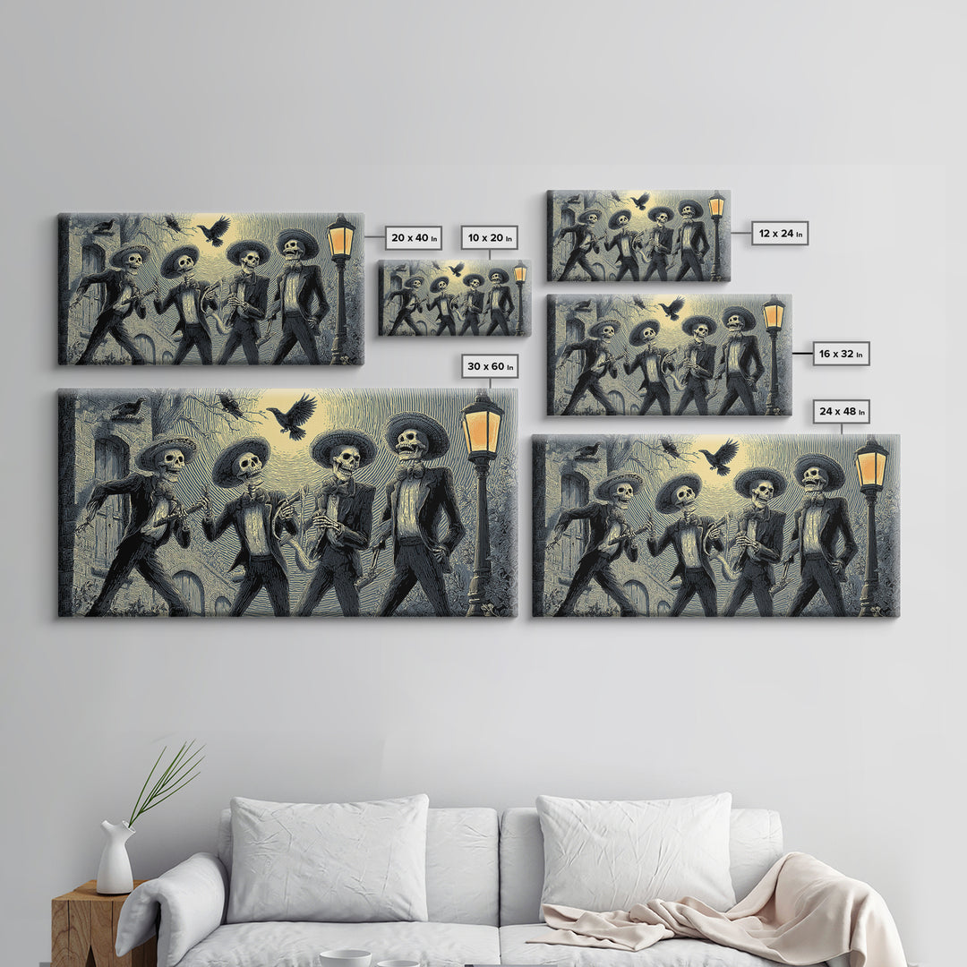 The Skeleton Barbershop Quartet, Macabre Folk Print Art, Wide Panoramic Art, Dark Halloween Decor, Canvas Print