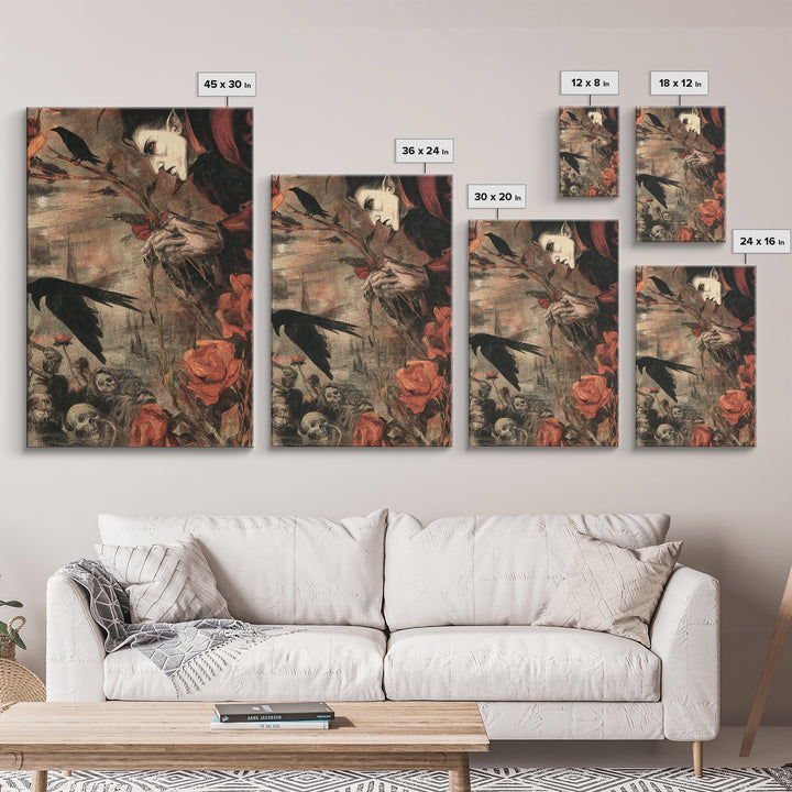 The Vampire Florist, Dark Renaissance Art, Vertical Wall Art, Dark Fantasy Wall Art, Canvas Print, Halloween Wall Art