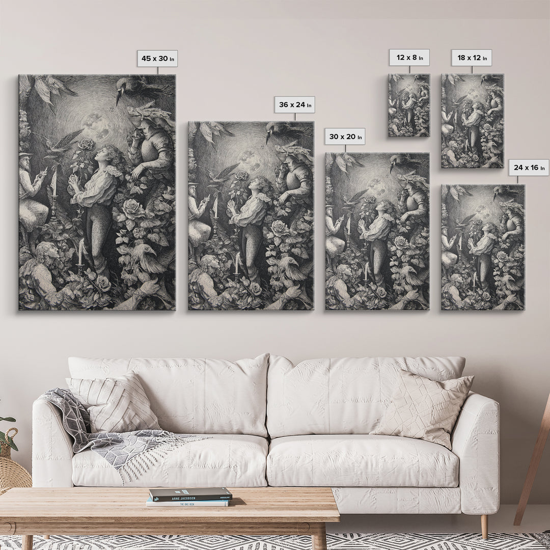 The Vampire Florist, Renaissance Engraving Art, Vertical Wall Art, Dark Fantasy Wall Art, Framed Canvas Print, Halloween Wall Art