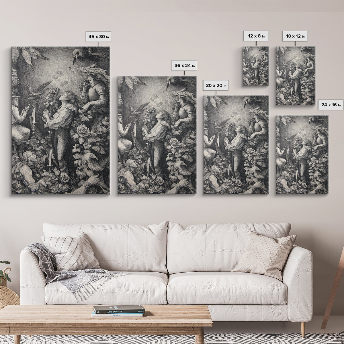The Vampire Florist, Renaissance Engraving Art, Vertical Wall Art, Dark Fantasy Wall Art, Framed Canvas Print, Halloween Wall Art