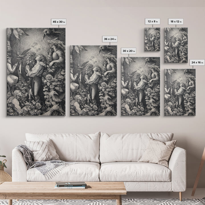 The Vampire Florist, Renaissance Engraving Art, Vertical Wall Art, Dark Fantasy Wall Art, Framed Canvas Print, Halloween Wall Art