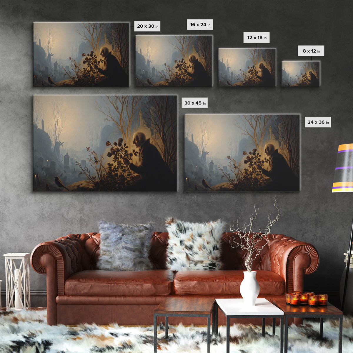 The Vampire Florist, Romantic Gothic Landscape, Landscape Wall Art, Dark Halloween Decor, Framed Canvas Print, Halloween Wall Art