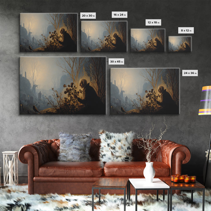 The Vampire Florist, Romantic Gothic Landscape, Landscape Wall Art, Dark Halloween Decor, Framed Canvas Print, Halloween Wall Art