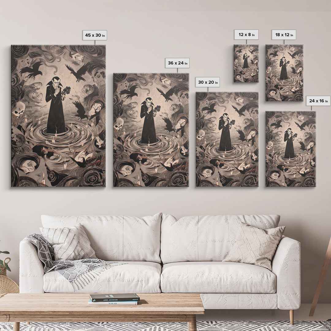 The Vampire Florist, Expressionist Gothic Art, Vertical Wall Art, Macabre Wall Art, Framed Canvas Print, Halloween Wall Art