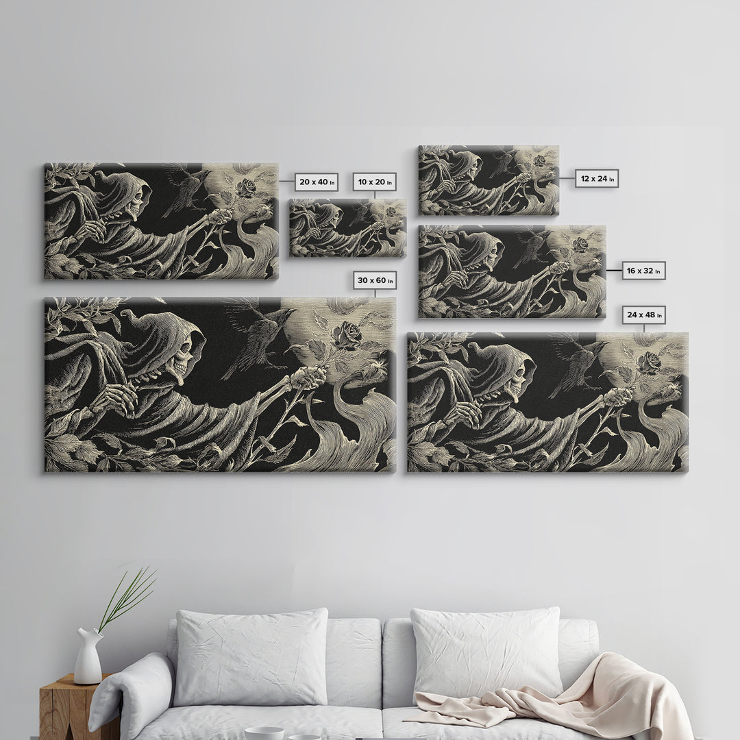 The Vampire Florist, Macabre Folk Print Art, Wide Panoramic Art, Dark Fantasy Wall Art, Framed Canvas Print, Halloween Wall Art