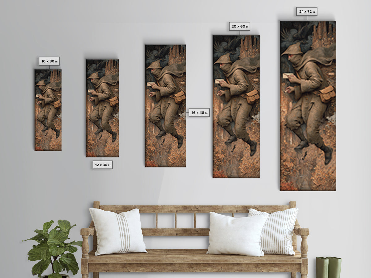 The Mummy Mail Carrier, Medieval Grotesque Art, Tall Narrow Wall Art, Dark Fantasy Wall Art, Framed Canvas Print, Halloween Wall Art