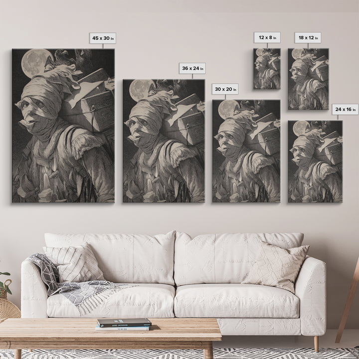 The Mummy Mail Carrier, Renaissance Engraving Art, Vertical Wall Art, Dark Fantasy Wall Art, Canvas Print, Halloween Wall Art