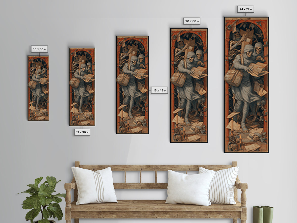The Mummy Mail Carrier, Danse Macabre Art, Tall Narrow Wall Art, Macabre Wall Art, Framed Canvas Print