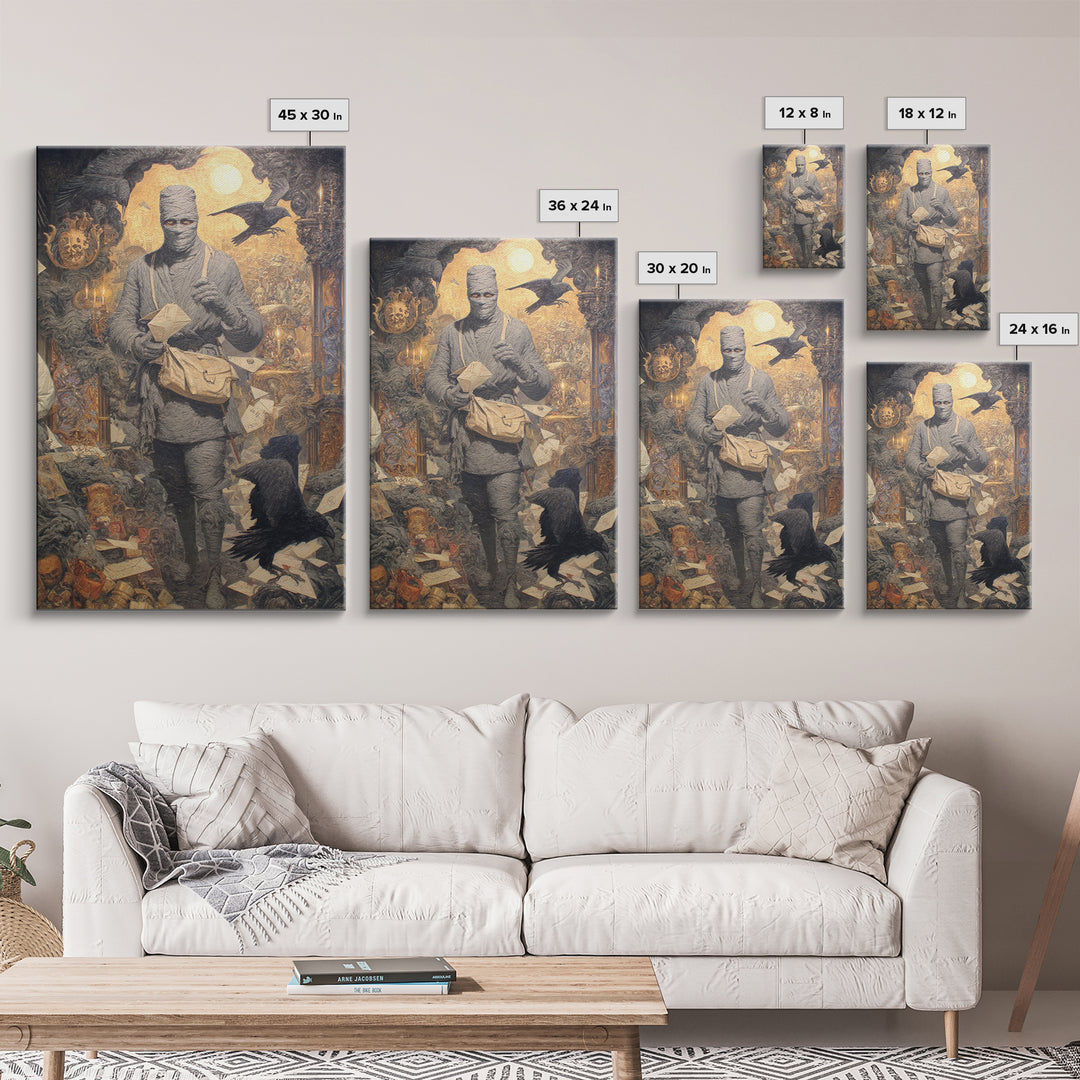 The Mummy Mail Carrier, Ornate Symbolist Art, Vertical Wall Art, Dark Halloween Decor, Canvas Print, Halloween Wall Art