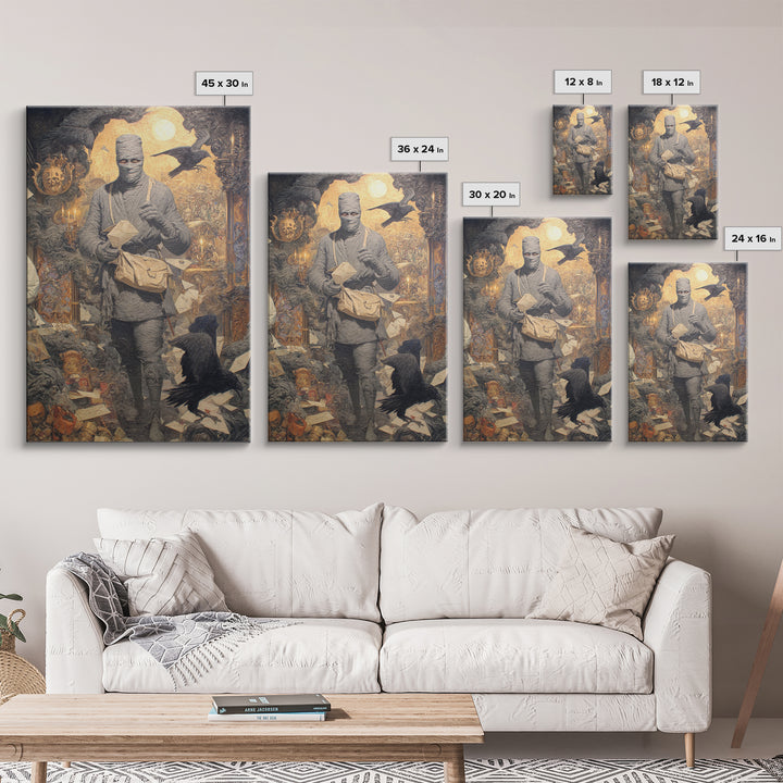 The Mummy Mail Carrier, Ornate Symbolist Art, Vertical Wall Art, Dark Halloween Decor, Canvas Print, Halloween Wall Art