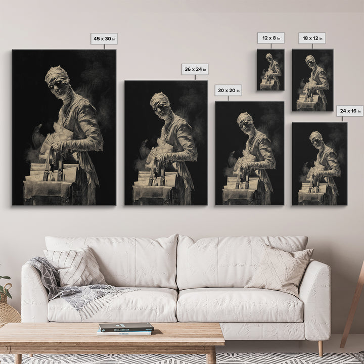 The Mummy Mail Carrier, Decadent Gothic Art, Vertical Wall Art, Macabre Wall Art, Framed Canvas Print, Halloween Wall Art