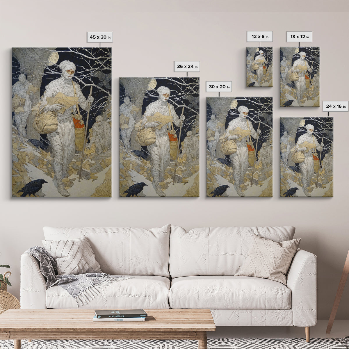 The Mummy Mail Carrier, Symbolist Death Art, Vertical Wall Art, Macabre Wall Art, Canvas Print, Halloween Wall Art