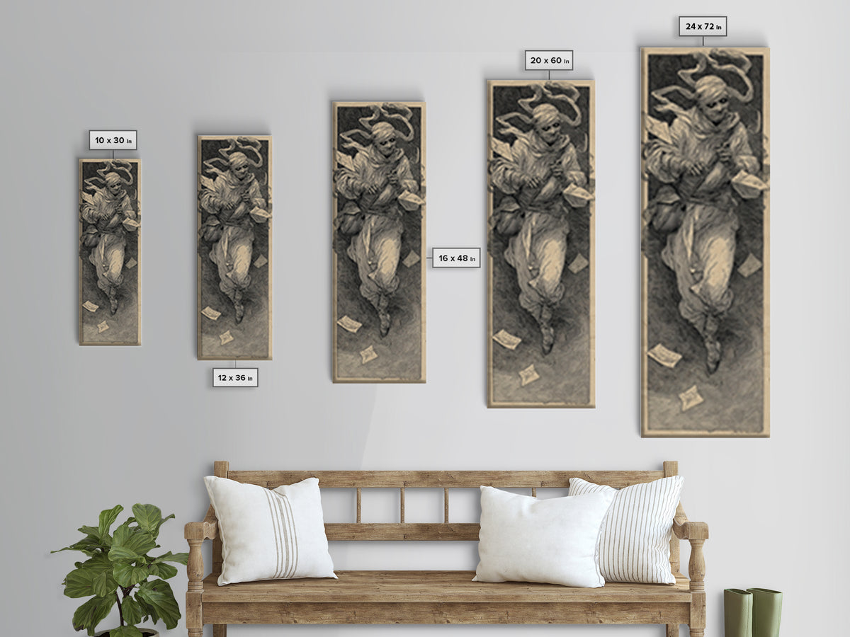 The Mummy Mail Carrier, Symbolist Etching Art, Tall Narrow Wall Art, Gothic Horror Wall Art, Framed Canvas Print, Halloween Wall Art