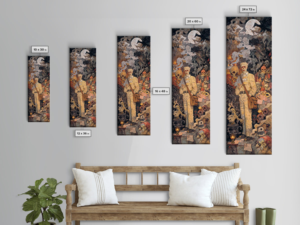 The Mummy Mail Carrier, Grotesque Carnival Art, Tall Narrow Wall Art, Gothic Horror Wall Art, Framed Canvas Print, Halloween Wall Art
