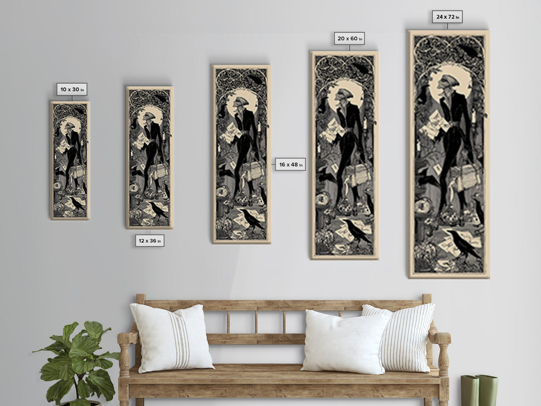 The Mummy Mail Carrier, Decadent Line Art, Tall Narrow Wall Art, Gothic Horror Wall Art, Framed Canvas Print, Halloween Wall Art