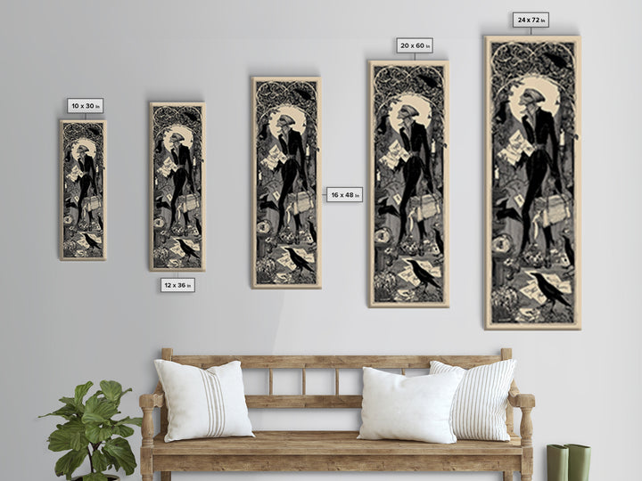 The Mummy Mail Carrier, Decadent Line Art, Tall Narrow Wall Art, Gothic Horror Wall Art, Framed Canvas Print, Halloween Wall Art