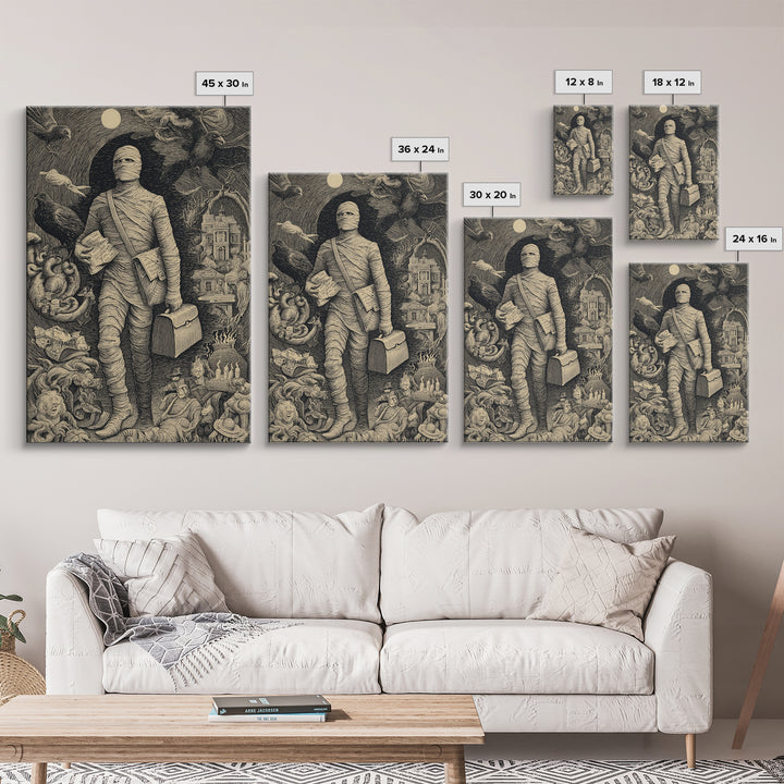 The Mummy Mail Carrier, Victorian Macabre Art, Vertical Wall Art, Gothic Horror Wall Art, Framed Canvas Print, Halloween Wall Art