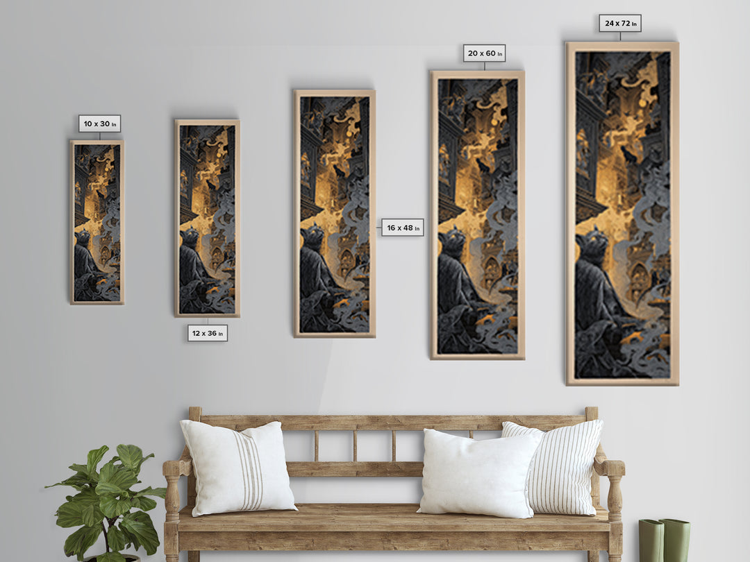 The Witch'S Cat Cafe, Gothic Engraving Art, Tall Narrow Wall Art, Macabre Wall Art, Canvas Print, Halloween Wall Art, Spooky Wall Decor