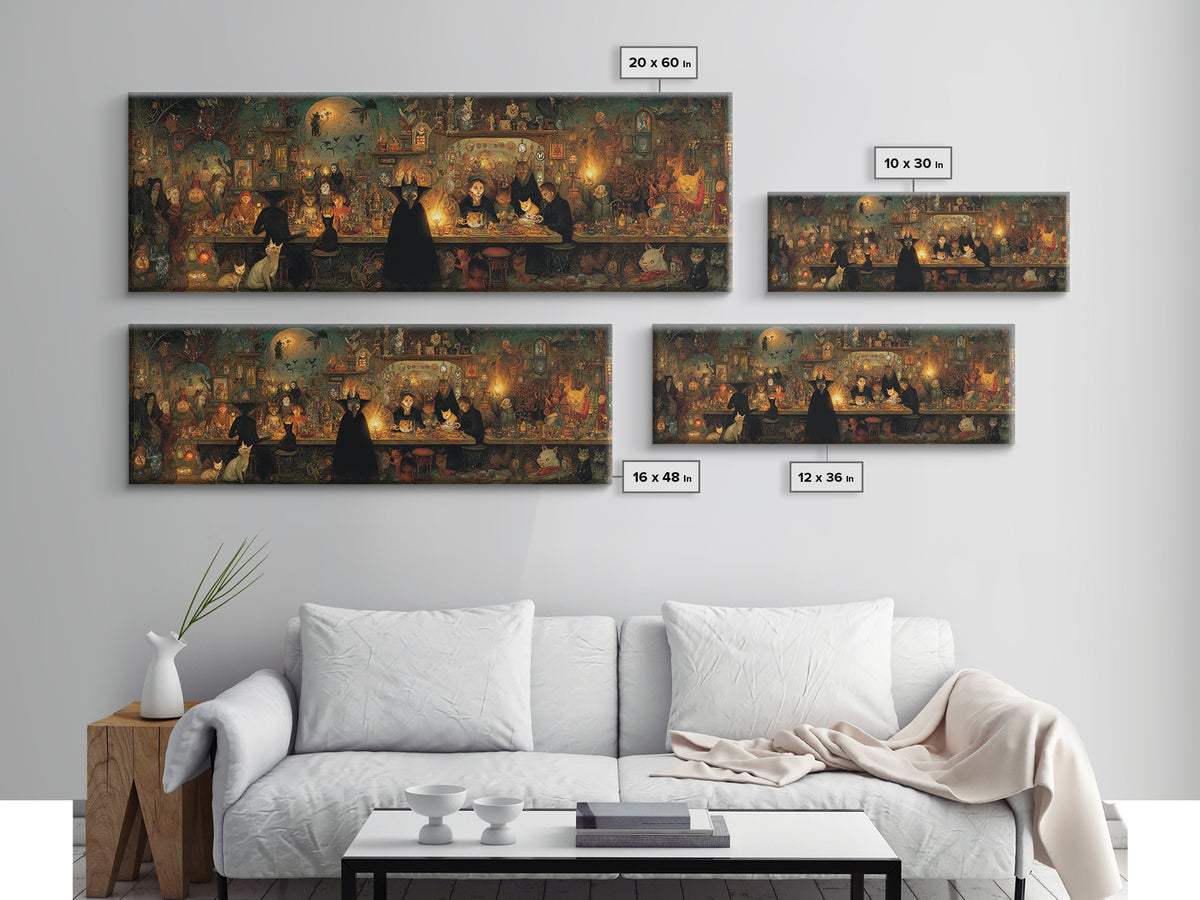 The Witch'S Cat Cafe, Medieval Grotesque Art, Extra Wide Wall Art, Dark Halloween Decor, Canvas Print, Halloween Wall Art
