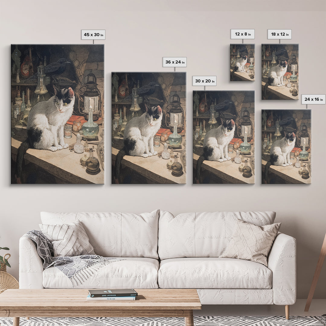 The Witch'S Cat Cafe, Dark Renaissance Art, Vertical Wall Art, Macabre Wall Art, Framed Canvas Print, Halloween Wall Art
