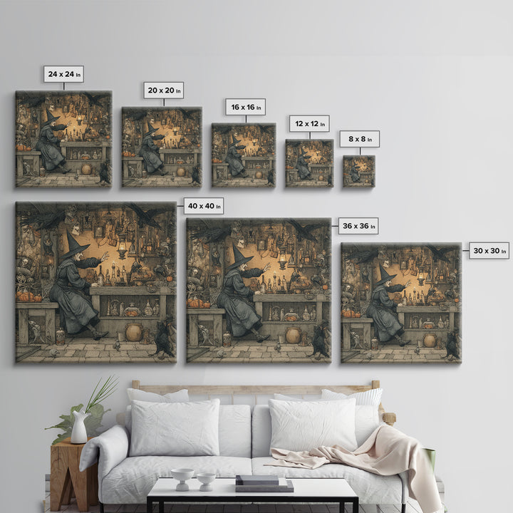 The Witch'S Cat Cafe, Danse Macabre Art, Square Wall Art, Dark Fantasy Wall Art, Framed Canvas Print, Halloween Wall Art