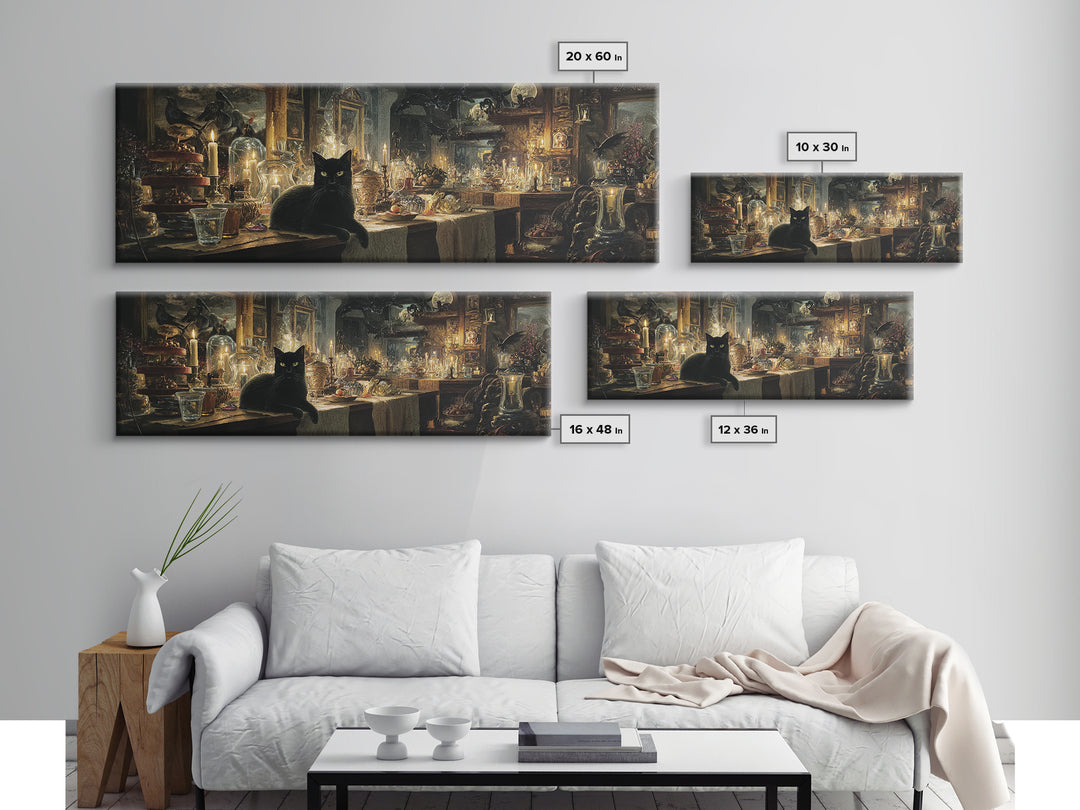 The Witch'S Cat Cafe, Visionary Gothic Art, Extra Wide Wall Art, Dark Fantasy Wall Art, Canvas Print, Halloween Wall Art