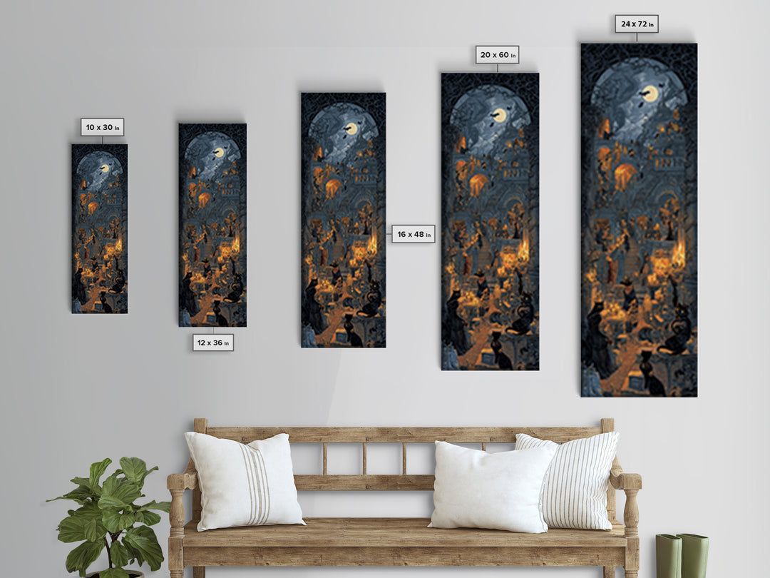 The Witch'S Cat Cafe, Architectural Etching Art, Tall Narrow Wall Art, Dark Halloween Decor, Canvas Print, Halloween Wall Art