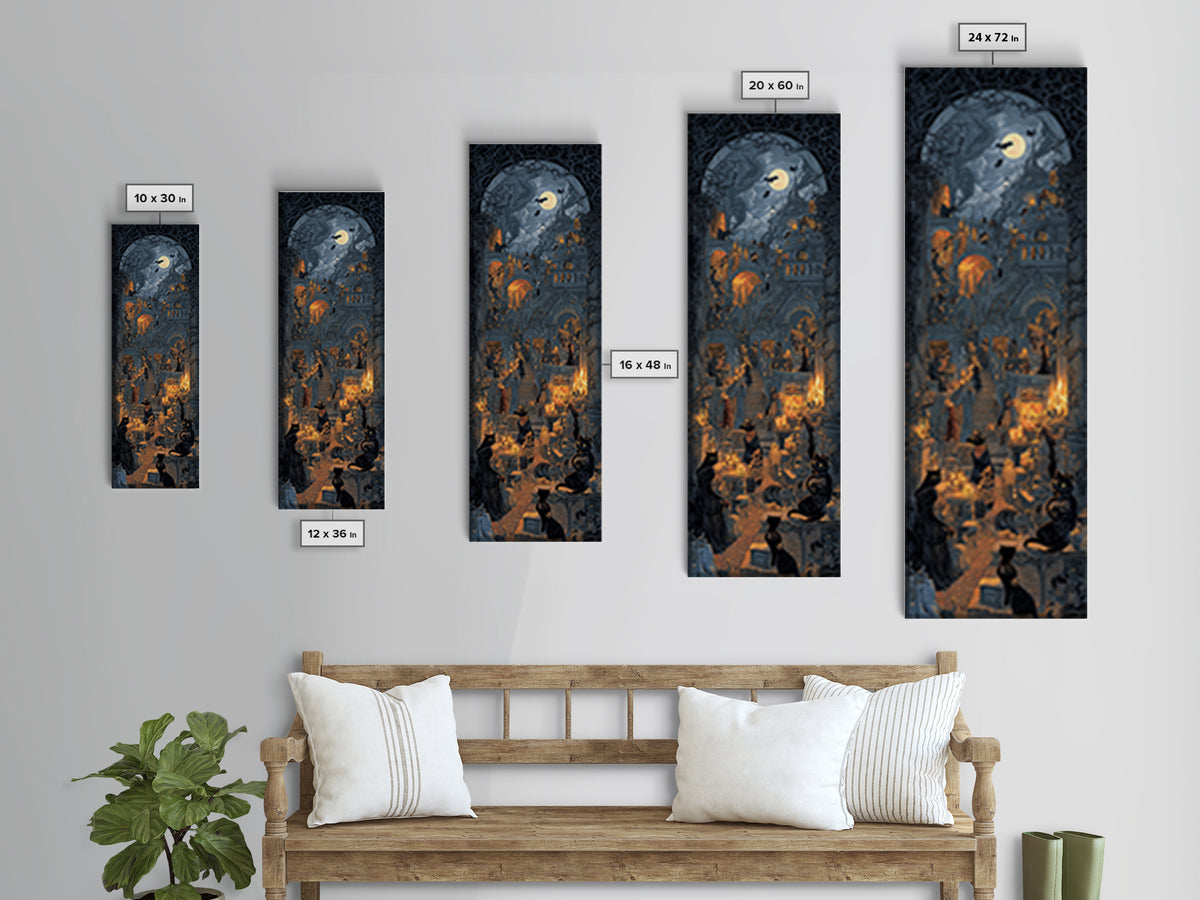 The Witch'S Cat Cafe, Architectural Etching Art, Tall Narrow Wall Art, Dark Halloween Decor, Canvas Print, Halloween Wall Art