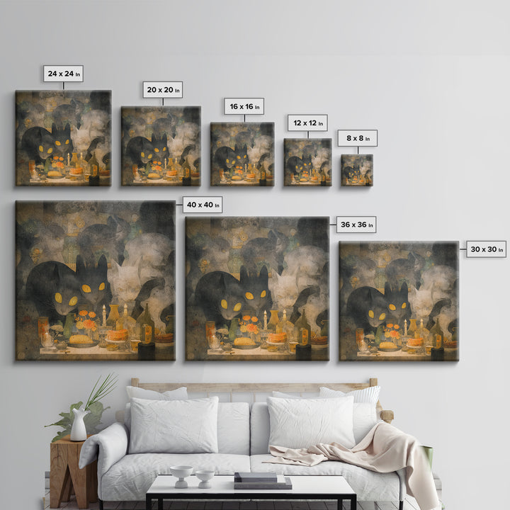 The Witch'S Cat Cafe, Symbolist Dream Art, Square Wall Art, Macabre Wall Art, Framed Canvas Print, Halloween Wall Art, Horror Wall Art