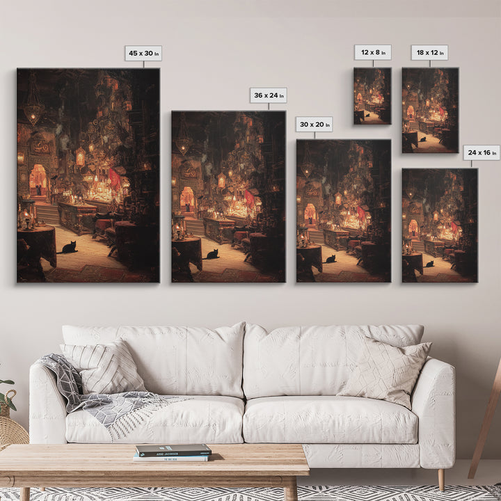The Witch'S Cat Cafe, Ornate Symbolist Art, Vertical Wall Art, Macabre Wall Art, Framed Canvas Print, Halloween Wall Art