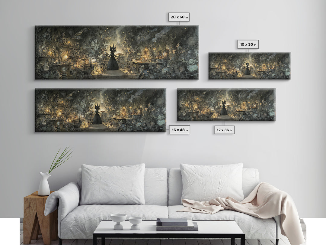 The Witch'S Cat Cafe, Expressionist Nightmare Art, Extra Wide Wall Art, Dark Halloween Decor, Canvas Print, Halloween Wall Art