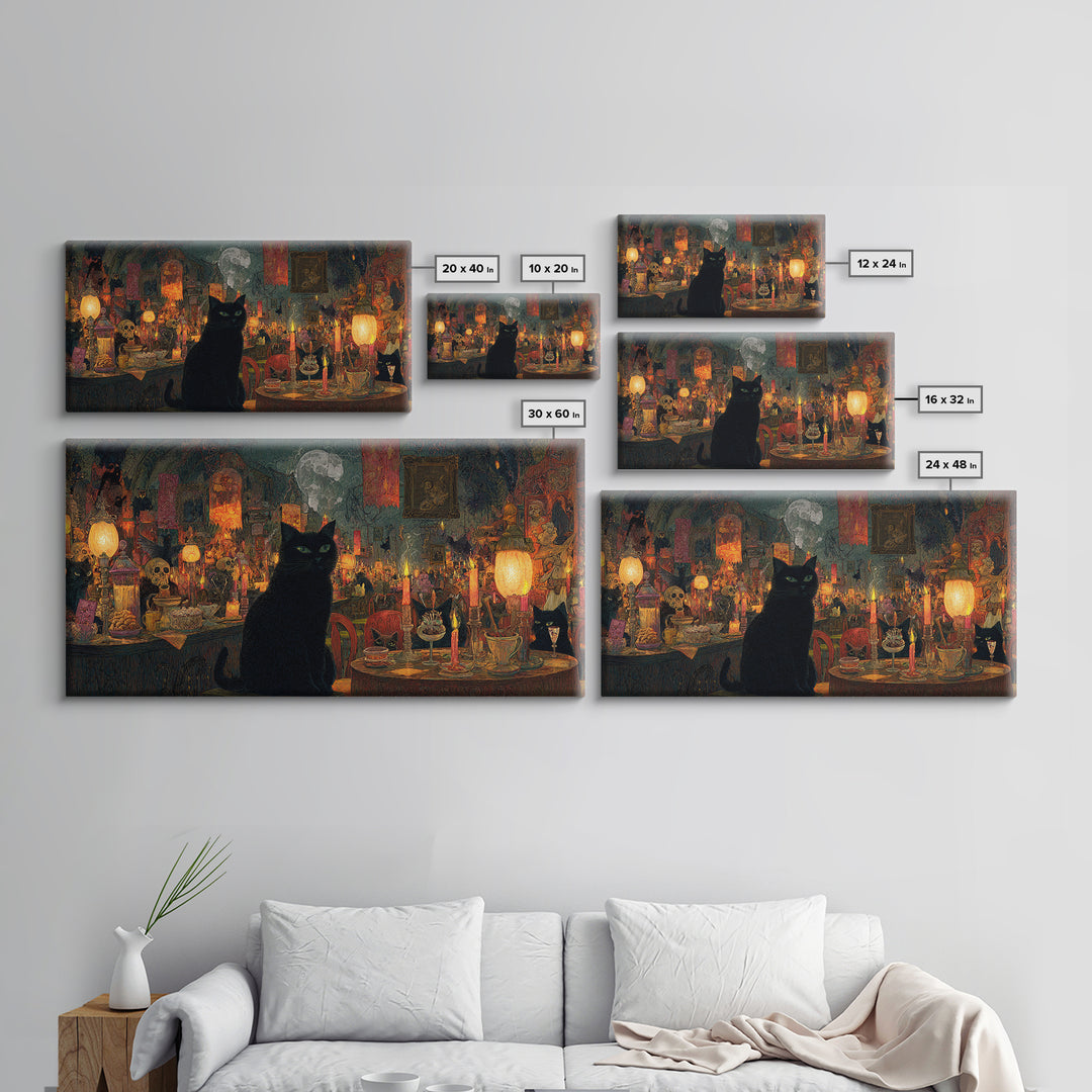The Witch'S Cat Cafe, Grotesque Carnival Art, Wide Panoramic Art, Dark Halloween Decor, Framed Canvas Print, Halloween Wall Art