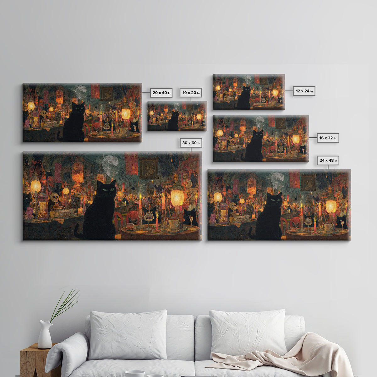 The Witch'S Cat Cafe, Grotesque Carnival Art, Wide Panoramic Art, Dark Halloween Decor, Framed Canvas Print, Halloween Wall Art