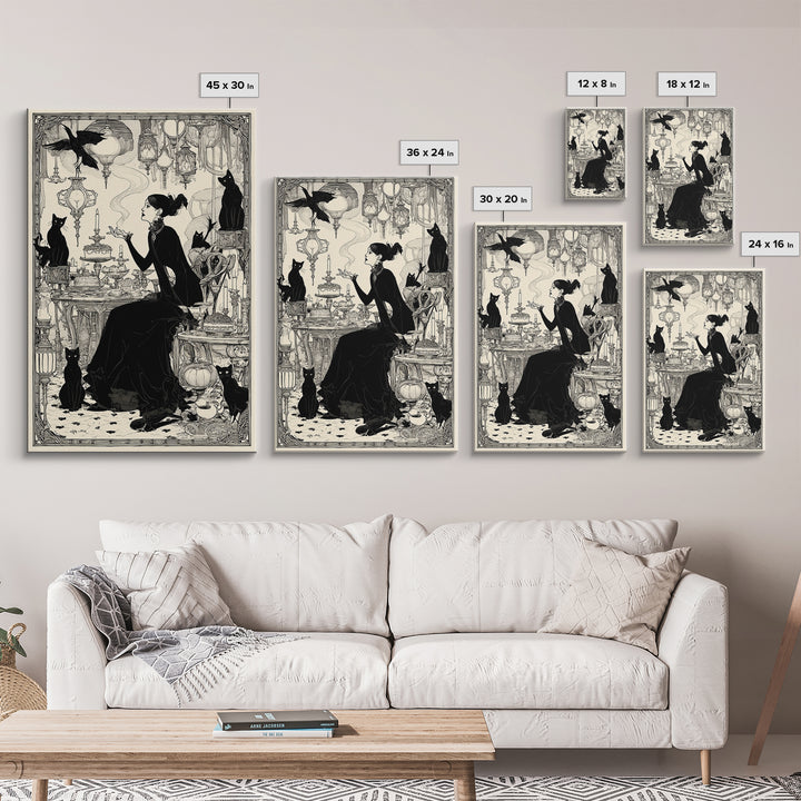 The Witch'S Cat Cafe, Decadent Line Art, Vertical Wall Art, Gothic Horror Wall Art, Framed Canvas Print, Halloween Wall Art