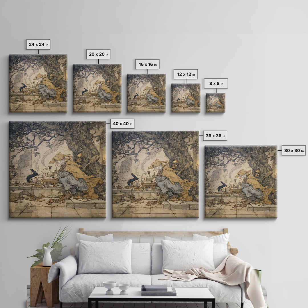 The Witch'S Cat Cafe, Gothic Storybook Art, Square Wall Art, Dark Halloween Decor, Canvas Print, Halloween Wall Art