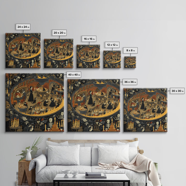 The Witch'S Cat Cafe, Macabre Folk Print Art, Square Wall Art, Macabre Wall Art, Framed Canvas Print, Halloween Wall Art